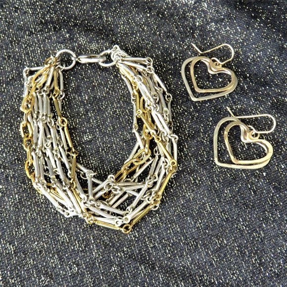 Silver and Gold Jewelry Set With Bracelet and Heart Shape Earrings.....625 - Picture 1 of 1